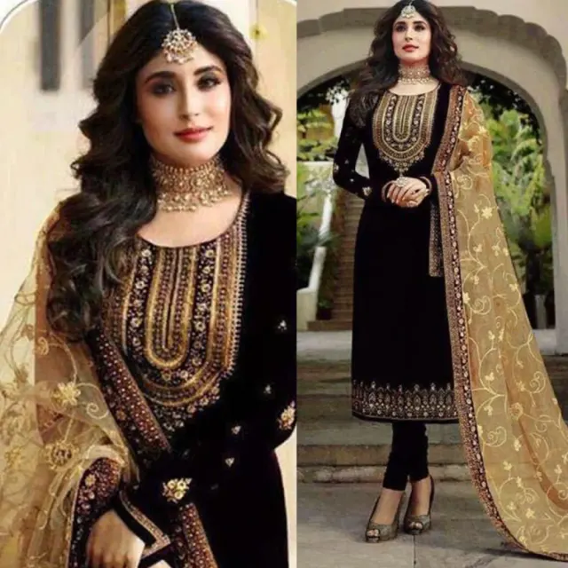 Black & Gold Embroidered Georgette Semi-Stitched Salwar Suit
