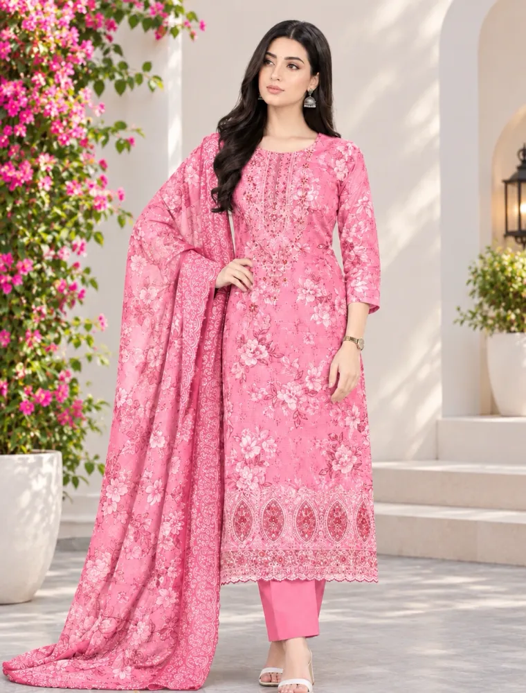 Pink Soft Cotton Digital Print Embroidered & Sequin Work 3-Piece Salwar Kameez