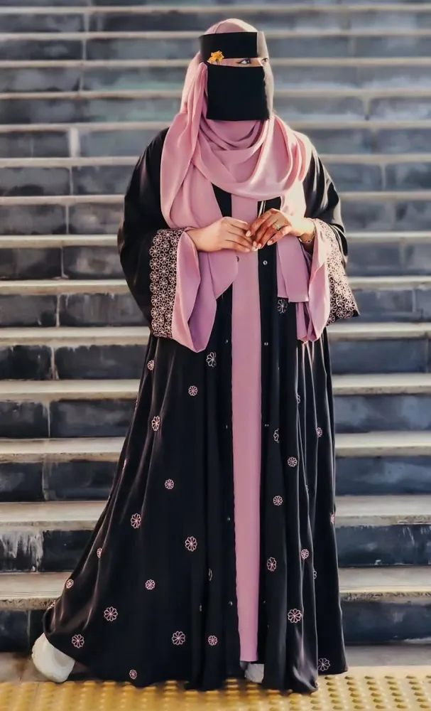 Black Embroidered Abaya with Pink Hijab