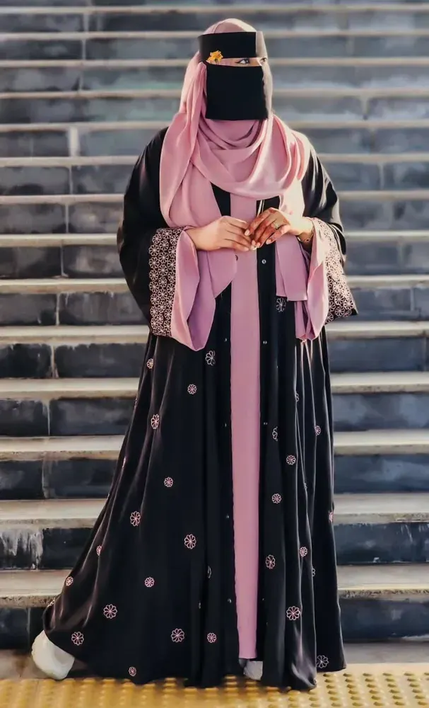 Black Embroidered Abaya with Pink Hijab