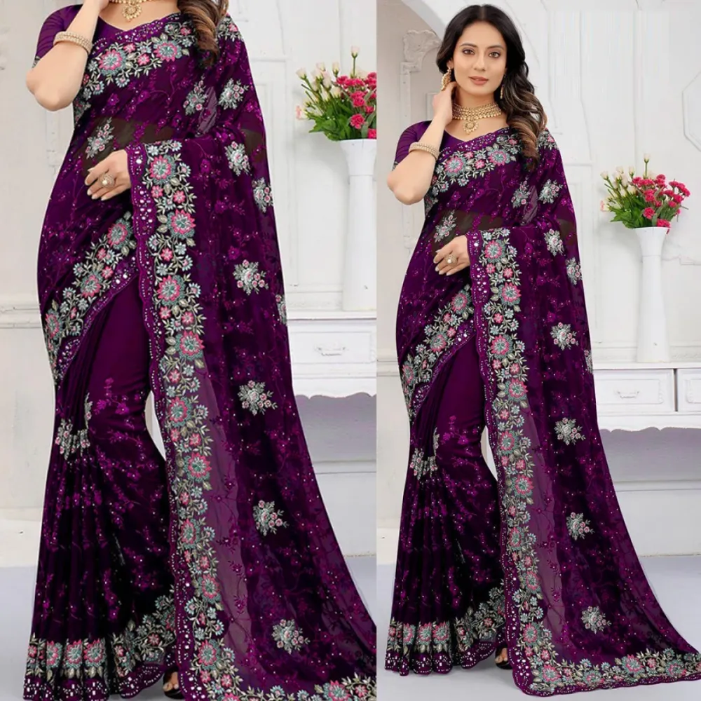 Georgette Embroidered Saree for Women S-4033 Jam