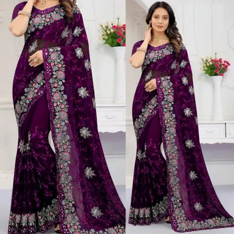 Georgette Embroidered Saree for Women S-4033 Jam