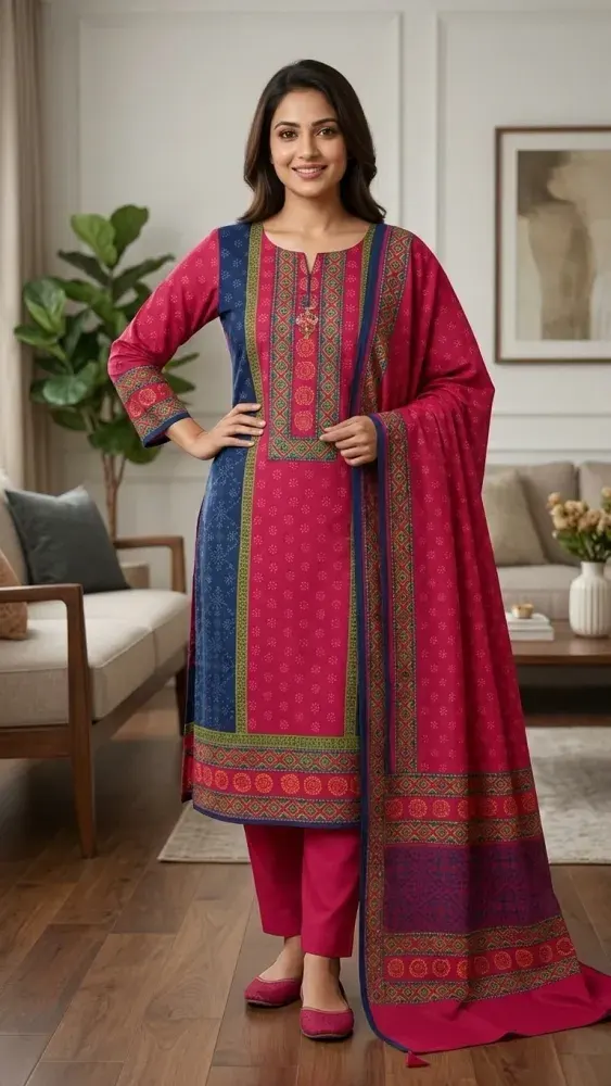 Cherry Pink Cotton Block Print 3-Piece Salwar Kameez