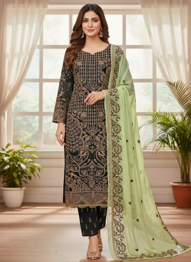 Black Embroidered Soft Georgette 4-Piece Suit with Lemon Green Dupatta