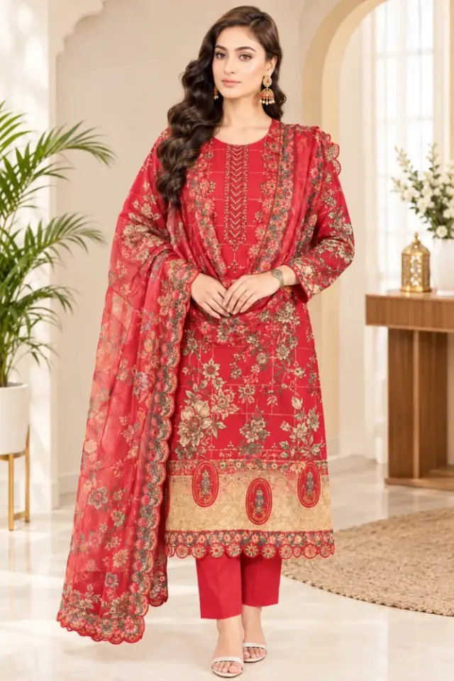 Red Soft Cotton Digital Print Embroidered & Sequin Work 3-Piece Salwar Kameez