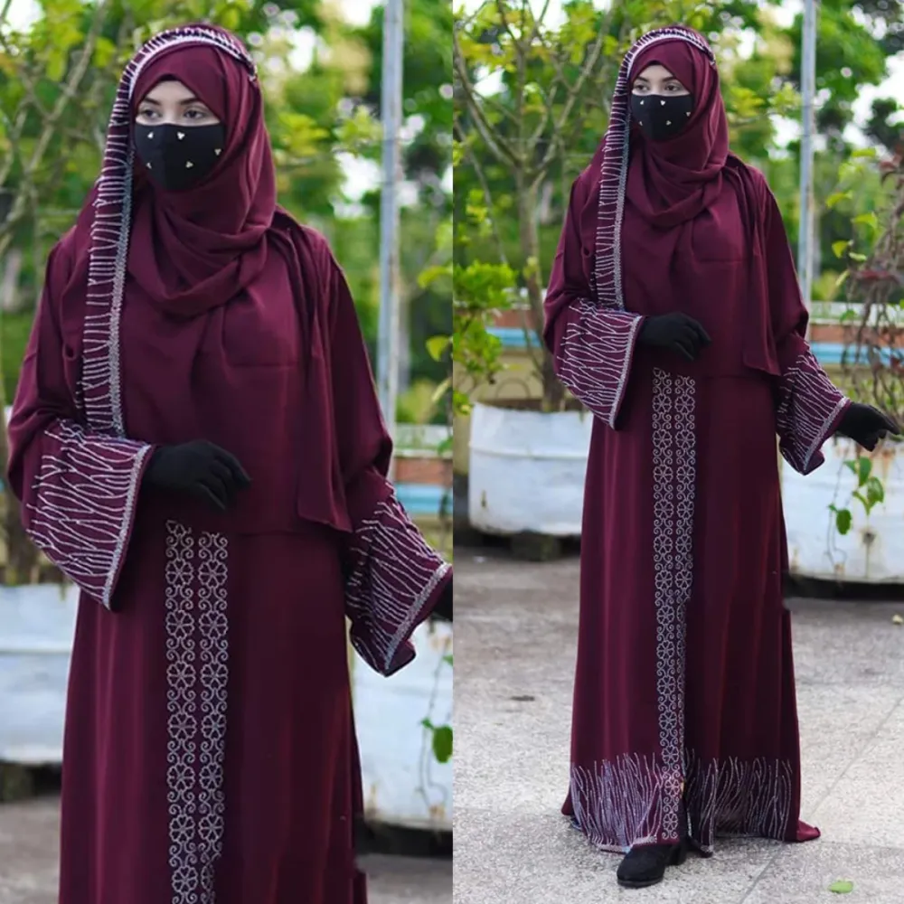 Maroon Embellished with Niqab Irani Abaya Borka