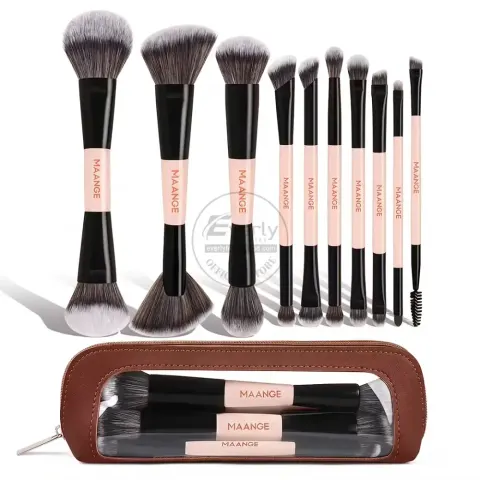 MAANGE 10pcs Dual-Ended Professional Makeup Brush Set with Storage Pouch - Cream & Black — Maange