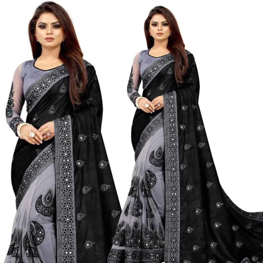 Black & Grey Ombre Embroidered Georgette Saree