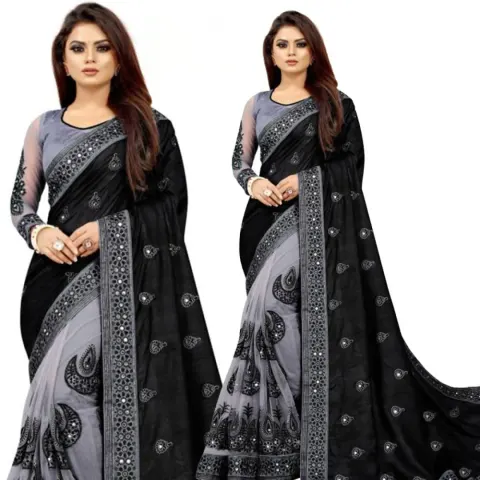 Black & Grey Ombre Embroidered Georgette Saree
