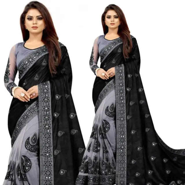 Black & Grey Ombre Embroidered Georgette Saree