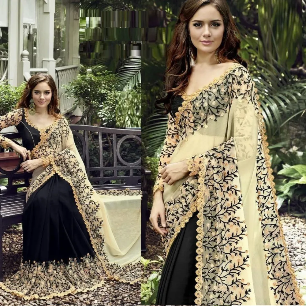 Cream & Black Embroidered Georgette Saree