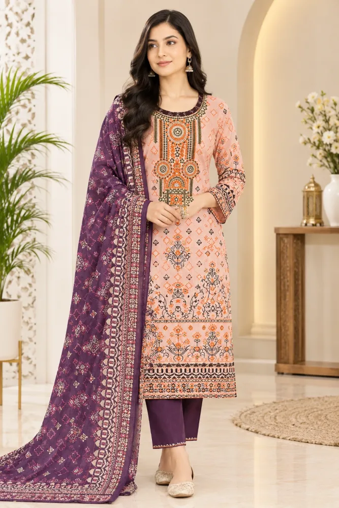 Peach & Purple Cotton Block Print Ready-Made 3-Piece Salwar Kameez