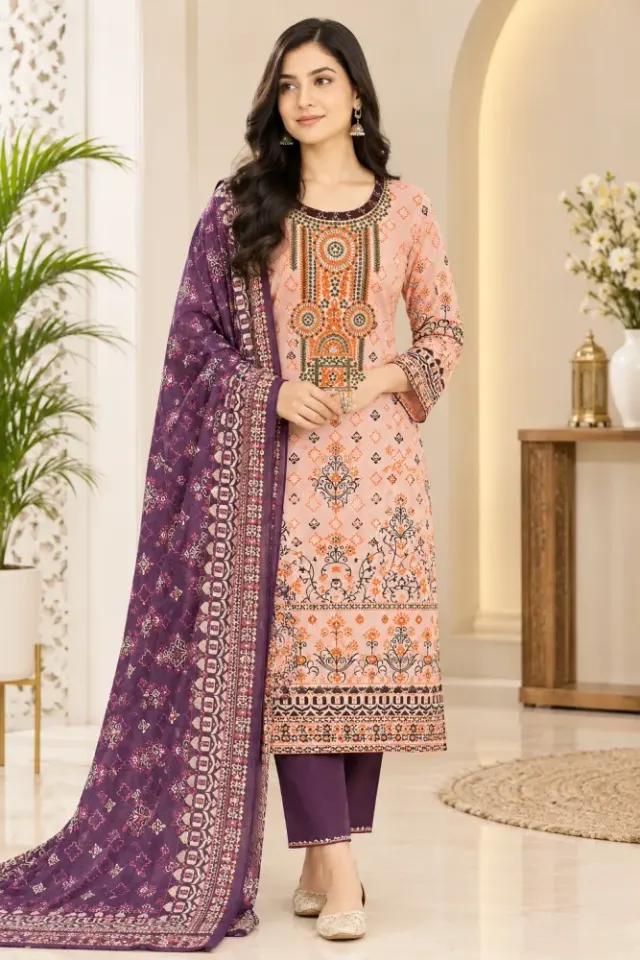 Peach & Purple Cotton Block Print Ready-Made 3-Piece Salwar Kameez
