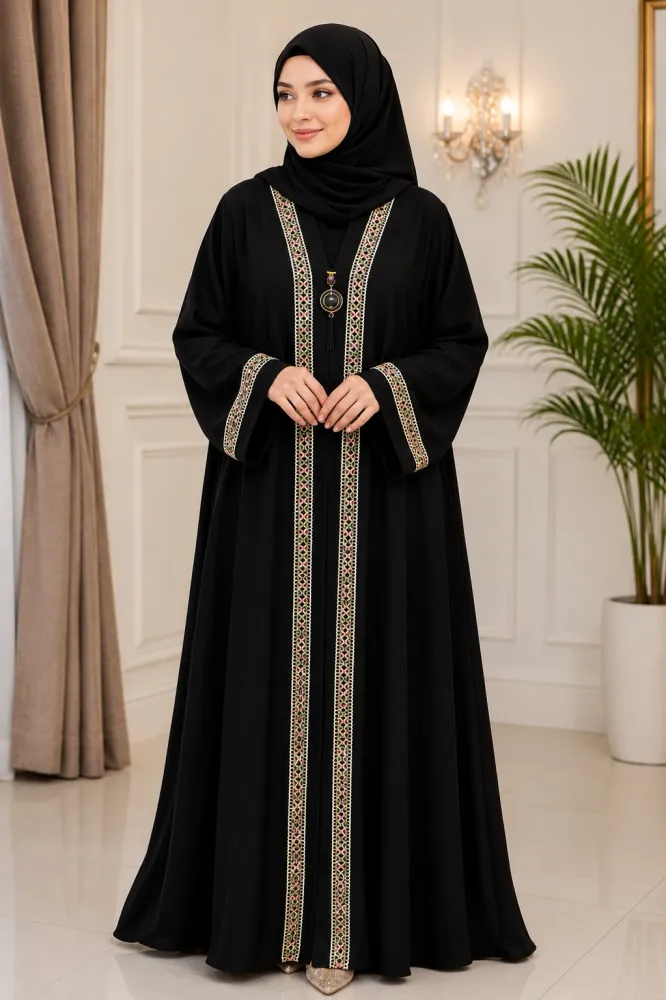Premium Zafran Fabric Embroidered & Sequin Single Layer Abaya with Matching Hijab - Shopemart
