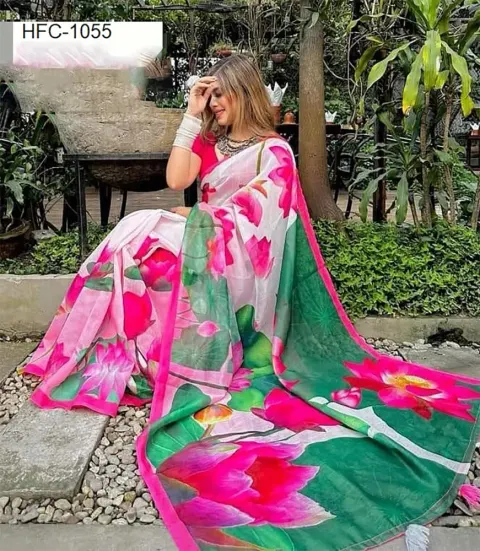 Green & Pink Floral Print Saree