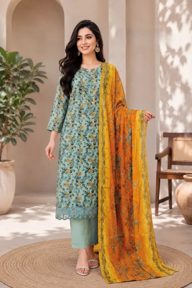 Sage & Yellow Soft Cotton Digital Print Embroidered & Sequin Work 3-Piece Salwar Kameez