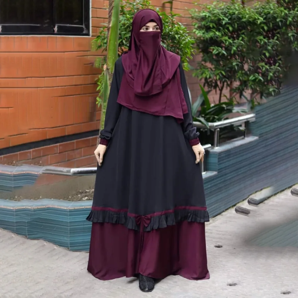 Black & Maroon Two-Tone Irani Abaya Borka