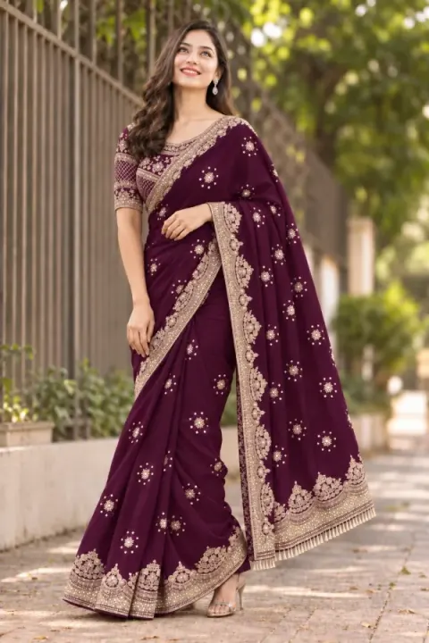 Purple Luxury Bridal Georgette Saree with Heavy Embroidery & Sequin Work Designer Blouse