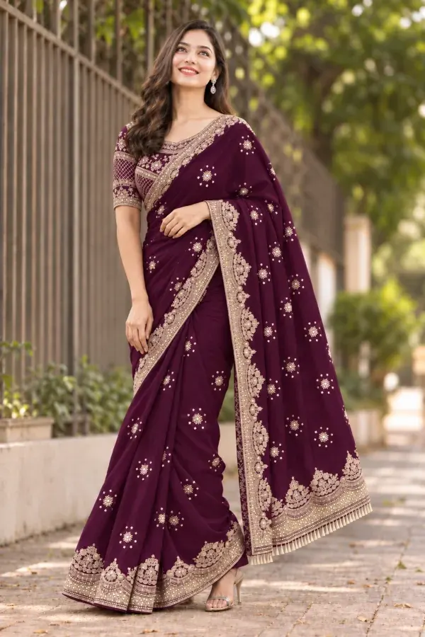 Purple Luxury Bridal Georgette Saree with Heavy Embroidery & Sequin Work Designer Blouse