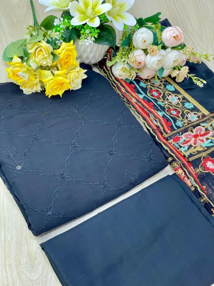 Navy Blue Embroidered Georgette Semi-Stitched Salwar Suit