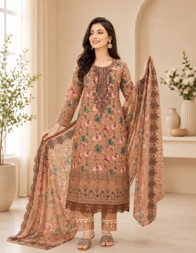 Peach Beige Soft Cotton Digital Print Embroidered & Sequin Work 3-Piece Salwar Kameez
