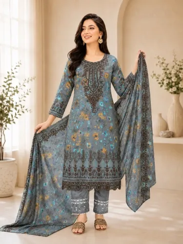 Steel Blue Soft Cotton Digital Print Embroidered & Sequin Work 3-Piece Salwar Kameez