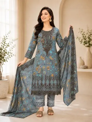 Steel Blue Soft Cotton Digital Print Embroidered & Sequin Work 3-Piece Salwar Kameez