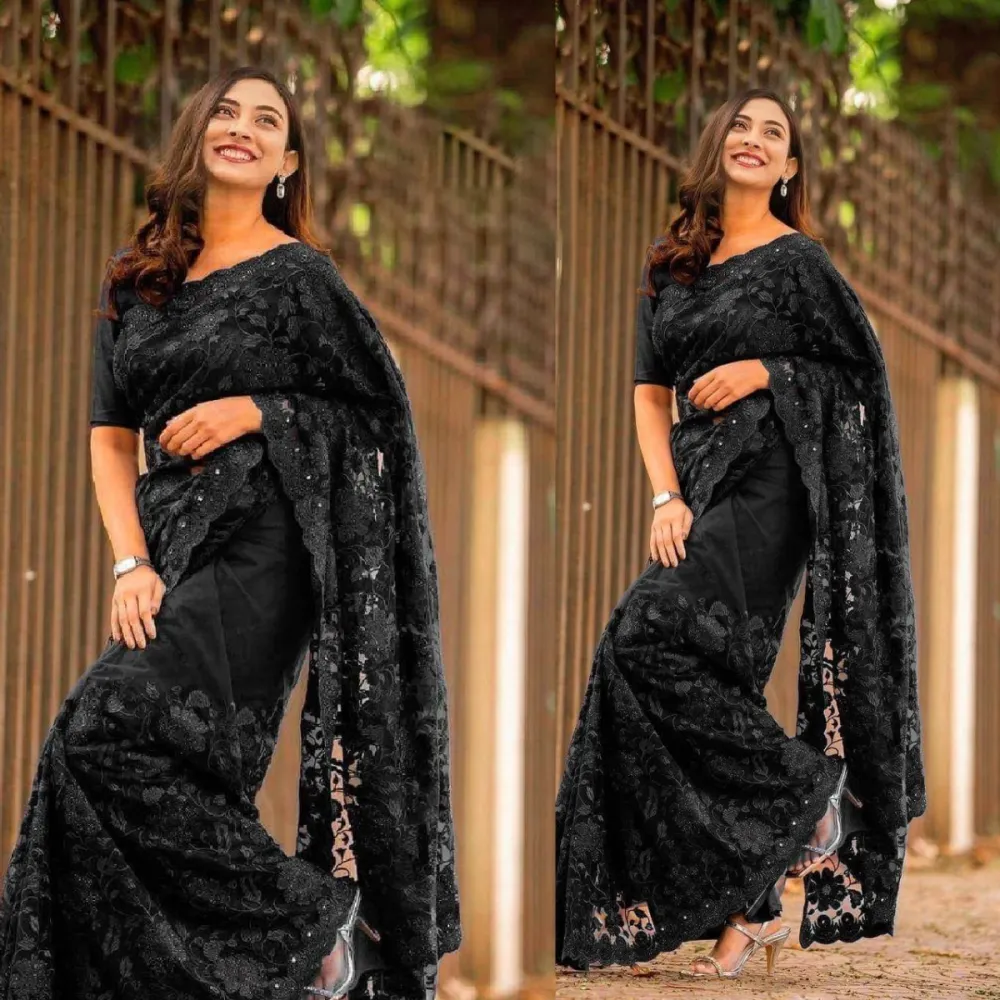 Georgette Embroidered Saree for Women S-3091 BK
