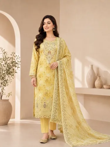 Lemon Yellow Soft Cotton Digital Print Embroidered 3-Piece Salwar Kameez