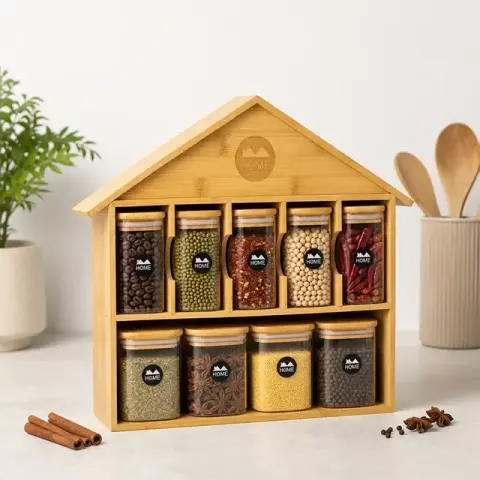 Bamboo Wooden House Shaped Storage Organizer with 9 Glass Jars