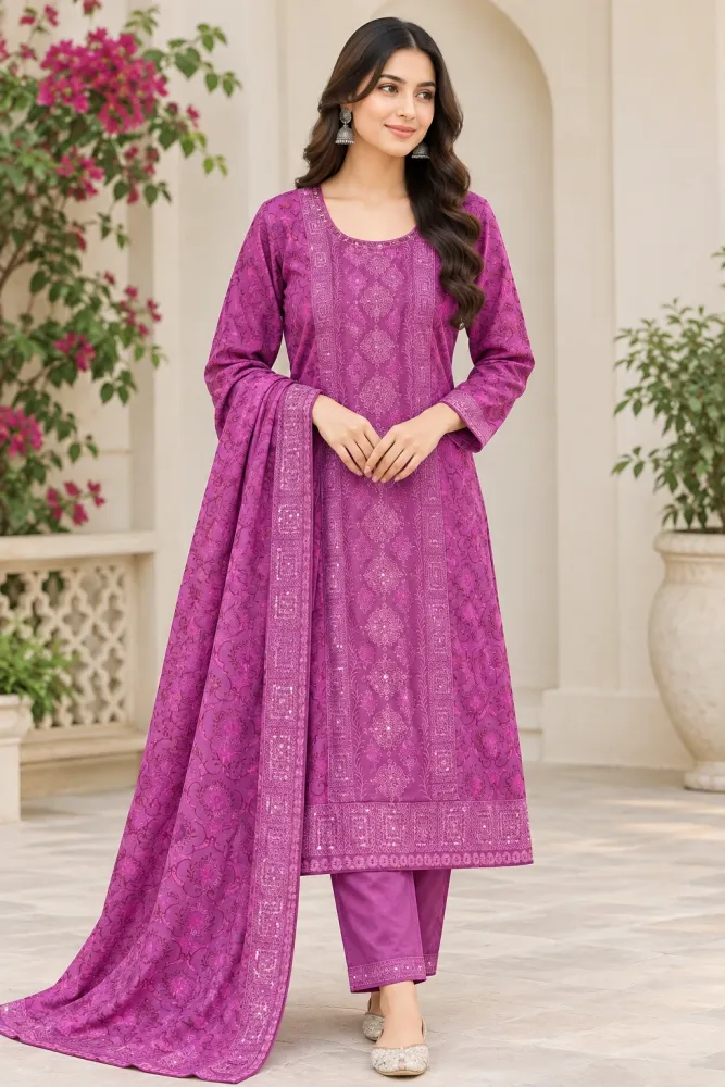 Magenta Cotton Block Print Ready-Made 3-Piece Salwar Kameez