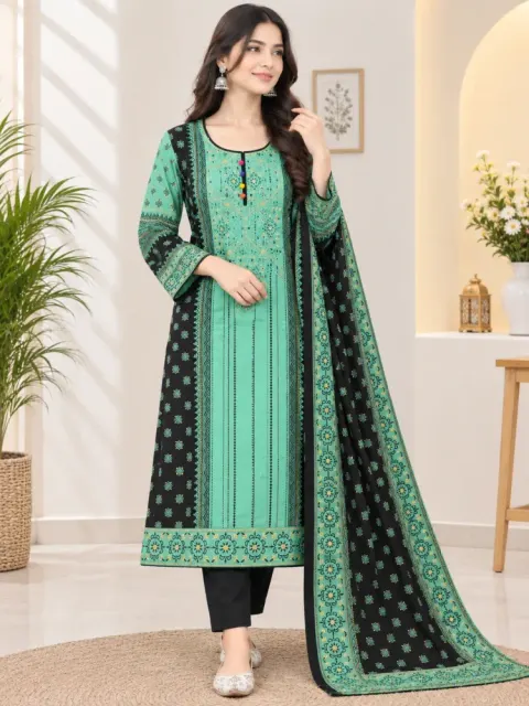 Sea Green & Black Cotton Block Print Ready-Made 3-Piece Salwar Kameez