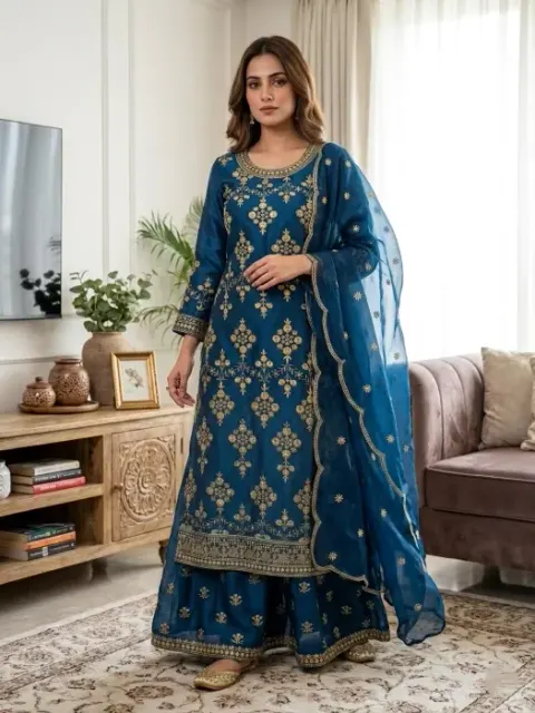 Teal Blue Embroidered Georgette Sharara Suit