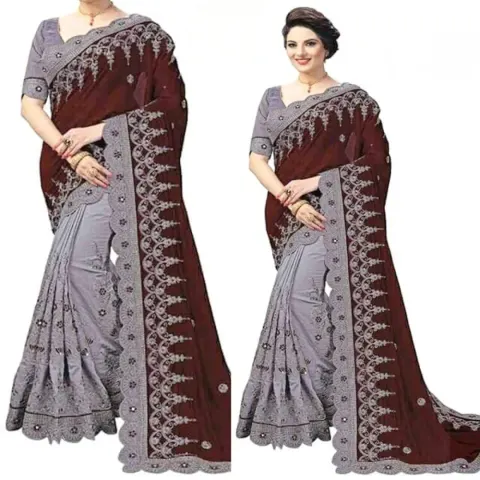 Brown & Grey Embroidered Georgette Saree