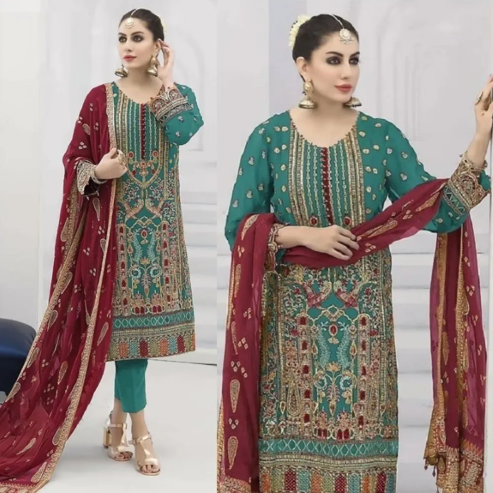 Teal Green & Red Embroidered Georgette Semi-Stitched Salwar Suit