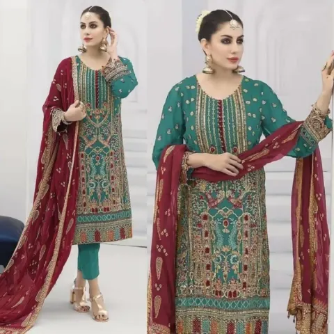 Teal Green & Red Embroidered Georgette Semi-Stitched Salwar Suit
