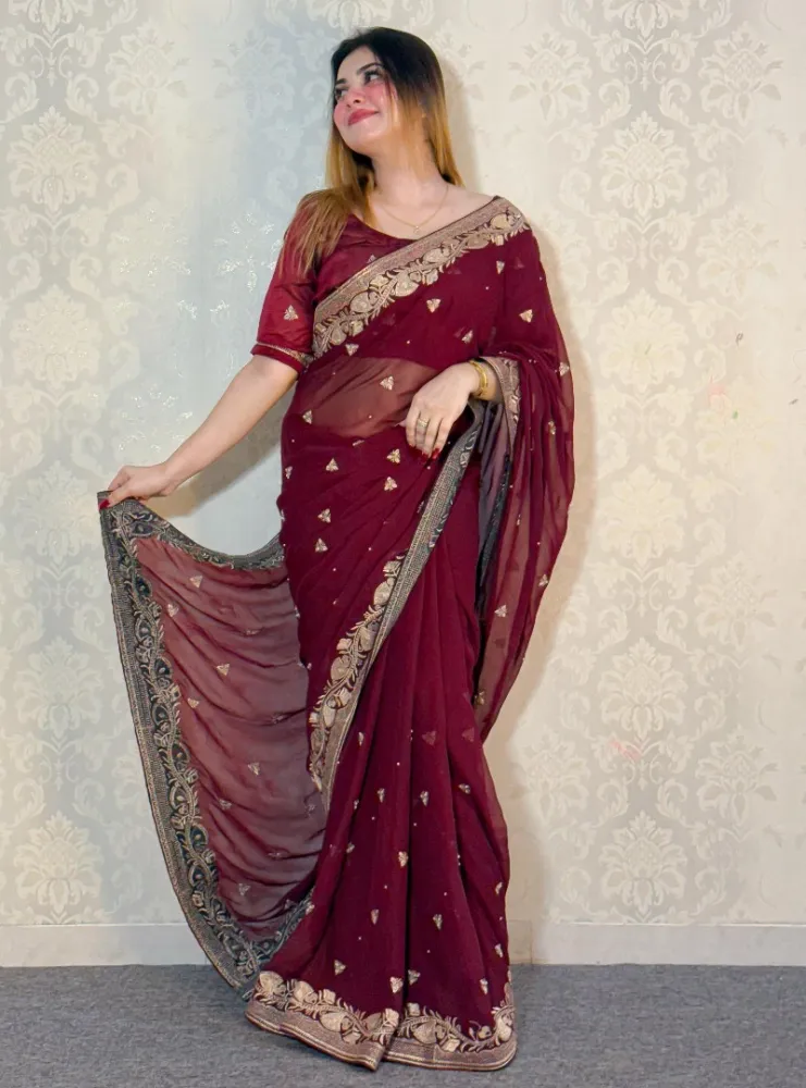 Luxury Designer Saree with Embroidery & Golden Zari Work - Shopemart 1